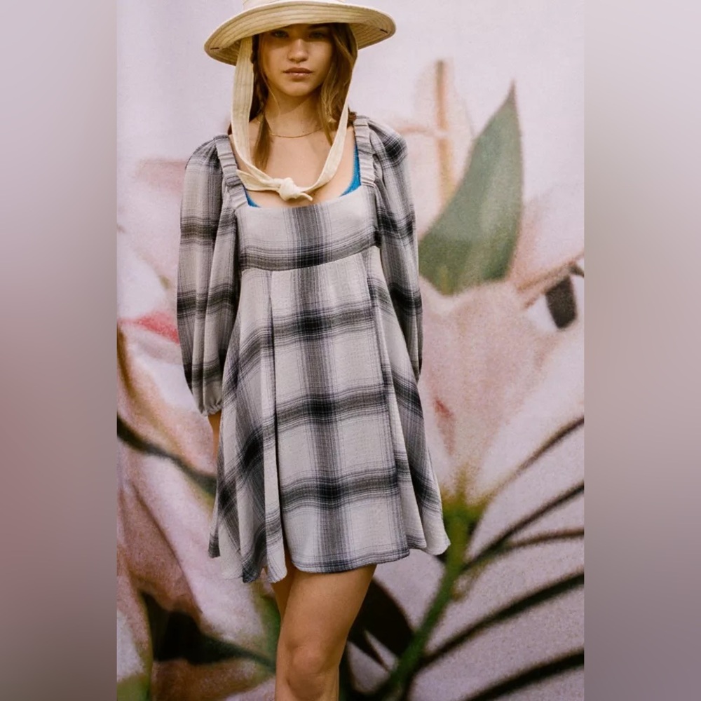 UO Lachlan Flannel Smocked‎ Mini Dress